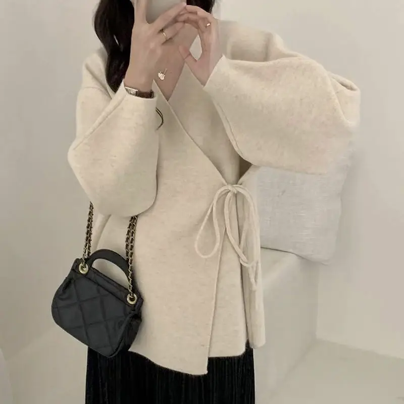 Casual Loose V-Neck Cardigan Autumn Winter Solid Color Women\'s Clothing Loose Stylish Drawstring Long Sleeve Knitted Sweaters