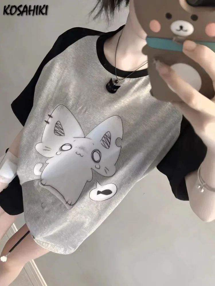 Japanese Contrast Color Cartoon Print T-shirts Preppy Style Oversized Y2k Aesthetic Tops Women Patchwork Grunge Harajuku Tees