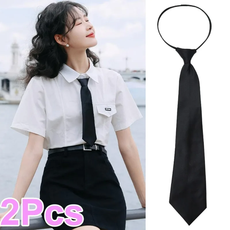 Korean College Style Uniform JK Clip on Tie Men Women Students Black Matte Ties Unisex Simple Lazy Zipper Shirt Suit Neckties