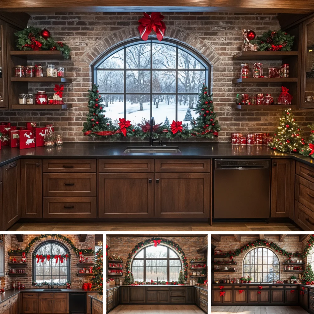 Rustic Brick Christmas Kitchen Backdrop Arched Window Snow View Pine Garland Red Bow Gift Box Holiday Family Shoot Background