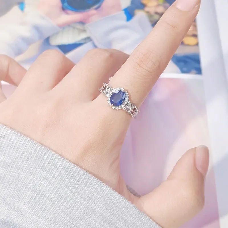 s925 sterling silver natural sapphire ring female pigeon egg gemstone index finger ring live broadcast explosion color