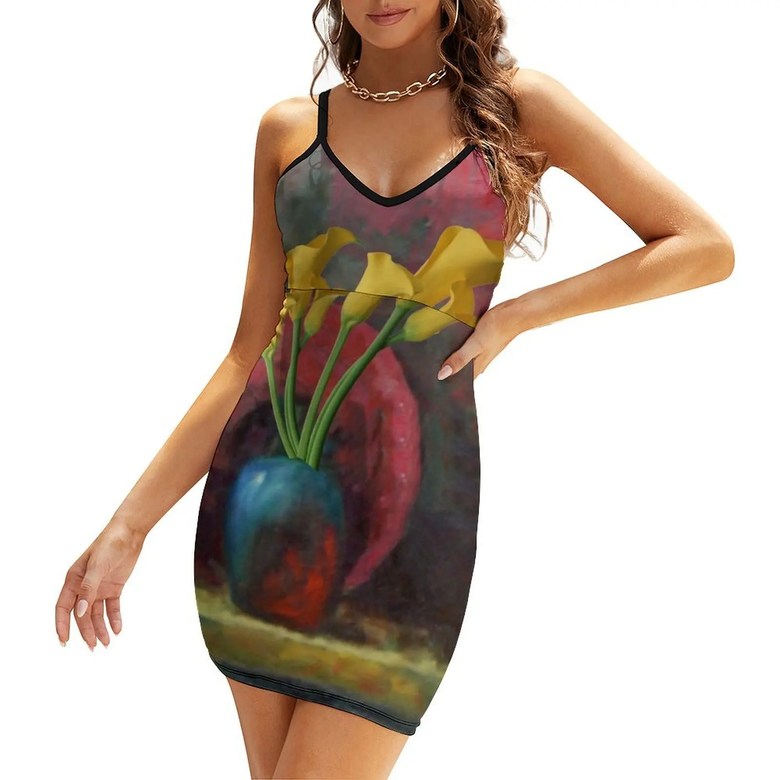 

YELLOW CALLA LILY FLOWERS RED WESTERN STYLE PAINTING Sling Dress Party dresses for women summer dress woman 2025 trendy