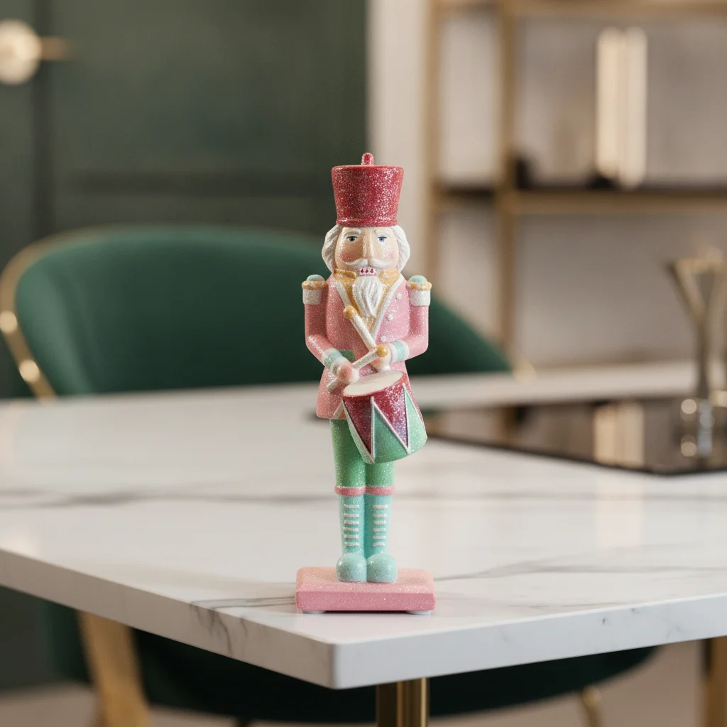Nutcracker Figurine - Pastellrosa-Grüne Nussknacker-Figur aus Harz, Weihnachts-Trommler und