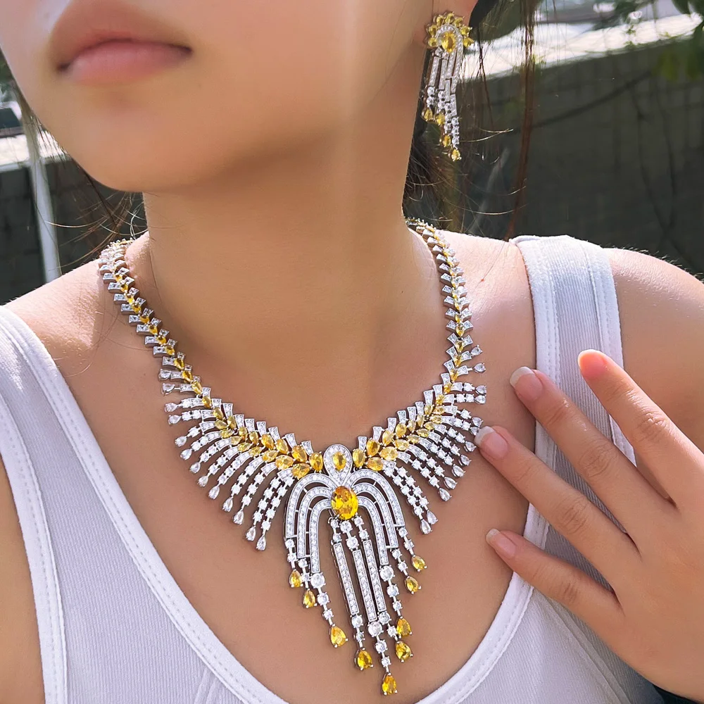 ThreeGraces Luxury Sparkly Yellow Cubic Zirconia Women Vintage Long Big Tassel Drop Necklace Earrings Bridal Jewelry Sets TZ994