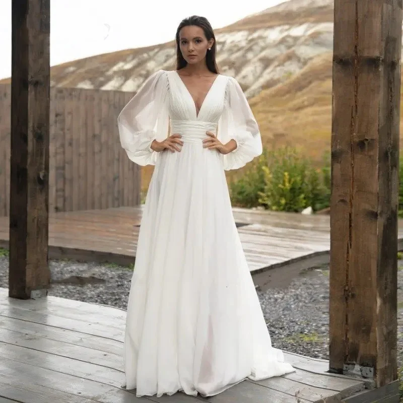 Abito da sposa donna 2024 a-line abito da sposa a pieghe senza schienale in Chiffon bianco con maniche lunghe a sbuffo personalizza le misure 2024 abito da sposa