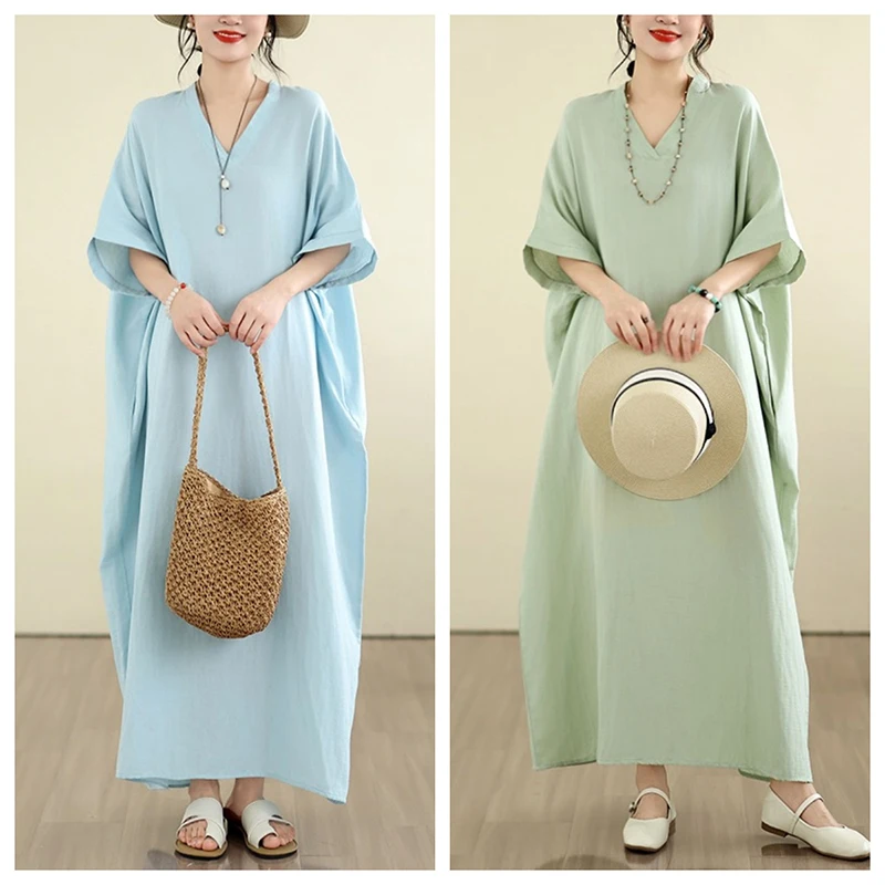

New Double-Sided Cotton Linen Summer Long Dress V-Neck Travel Style Meat Concealing Loose Waist Straight Cut H-Shape A-Line D...