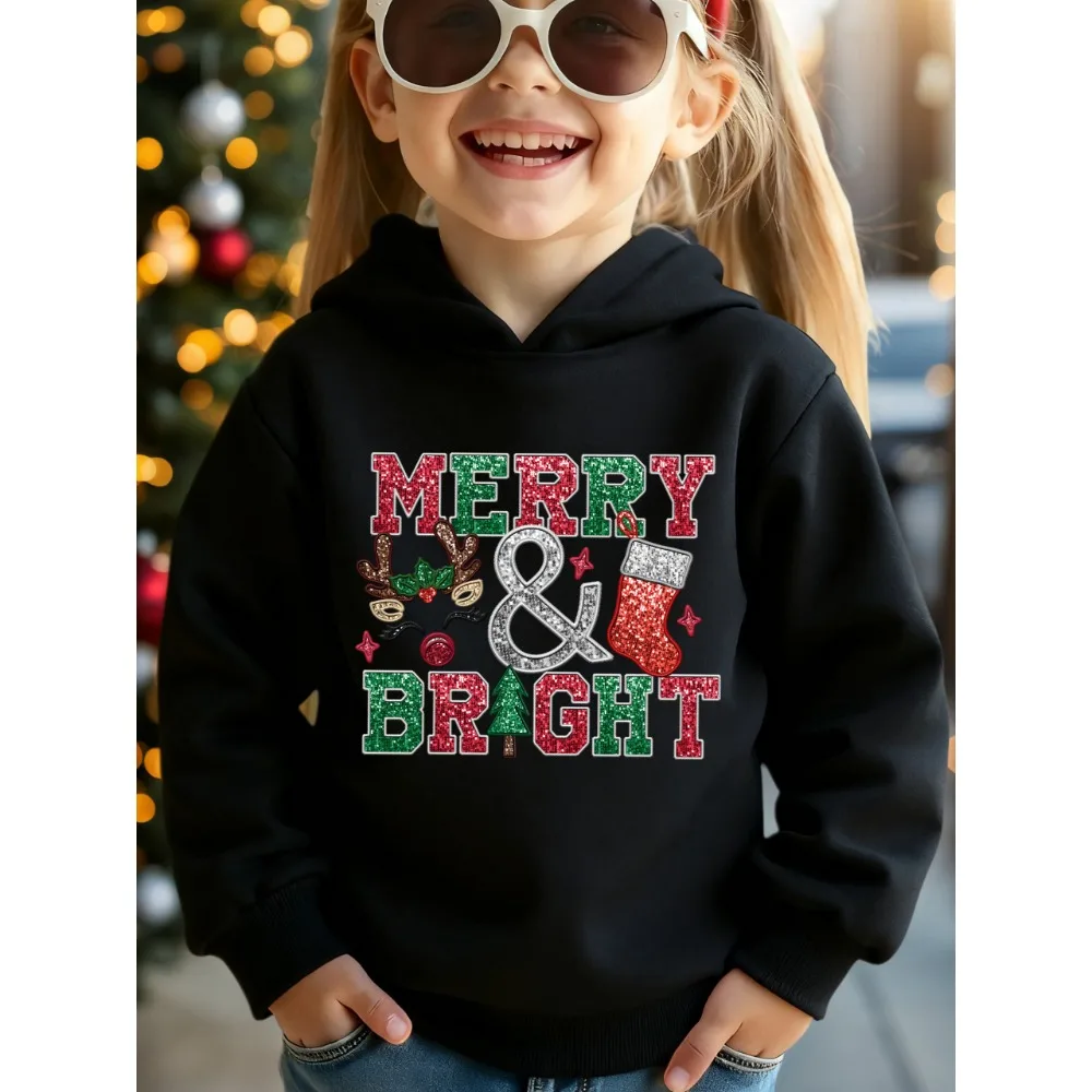 Girls' Autumn And Winter Fashion Hoodie with Fleece Lining Featuring a Christmas Theme