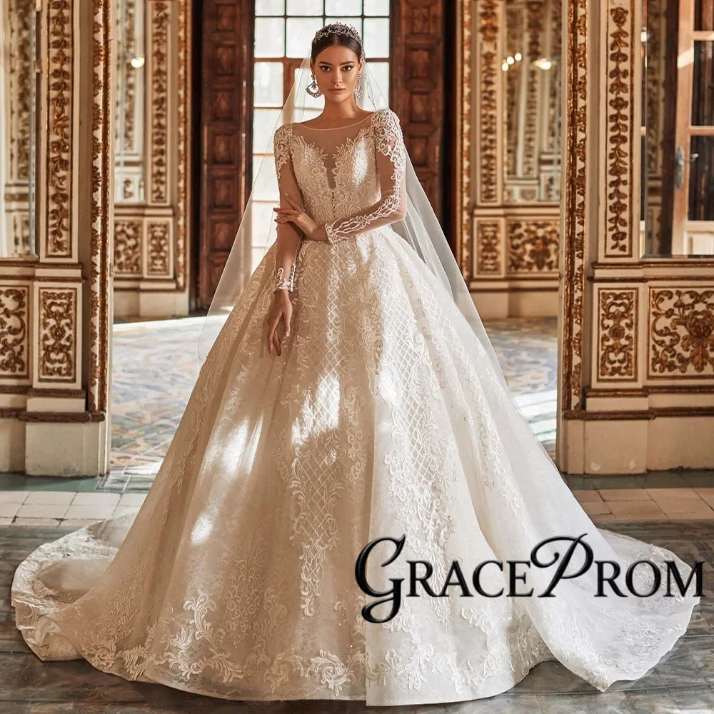 

Luxury Lace Long Sleeve Wedding Dress Vintage Court Style Intricate Embroidery & Cathedral Train Bridal Gown For Royal Brides