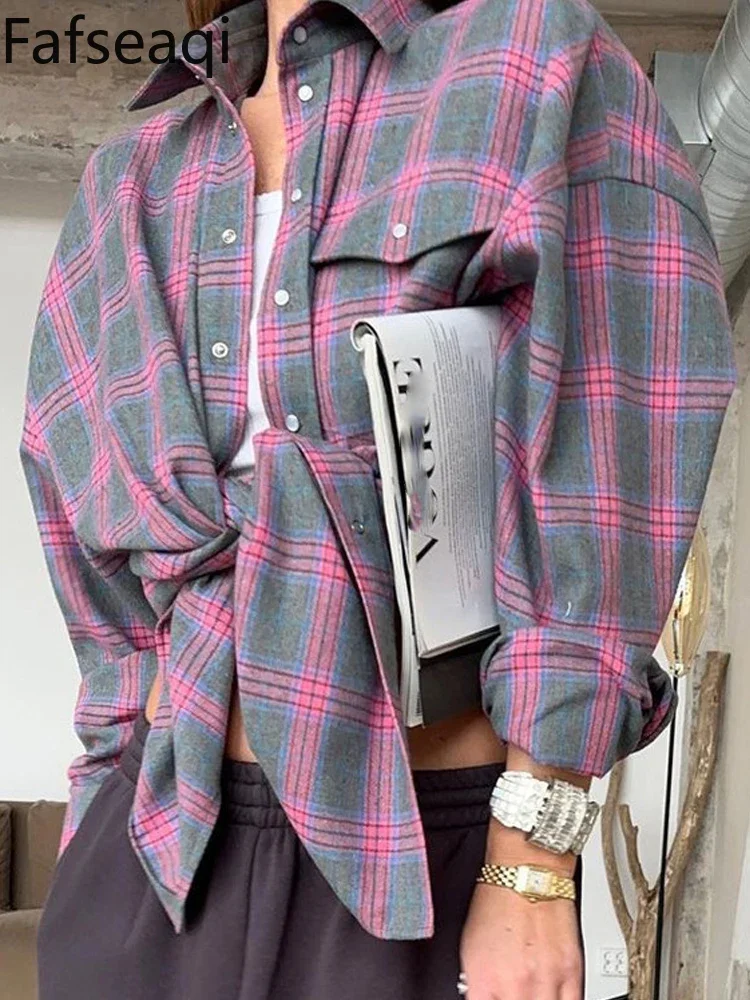 American Plaid Oversize Shirt for Women 204 Autumn Button Down Beautifull Blouses Long Sleeve Top Pocket Women\'s Cotton Blouse