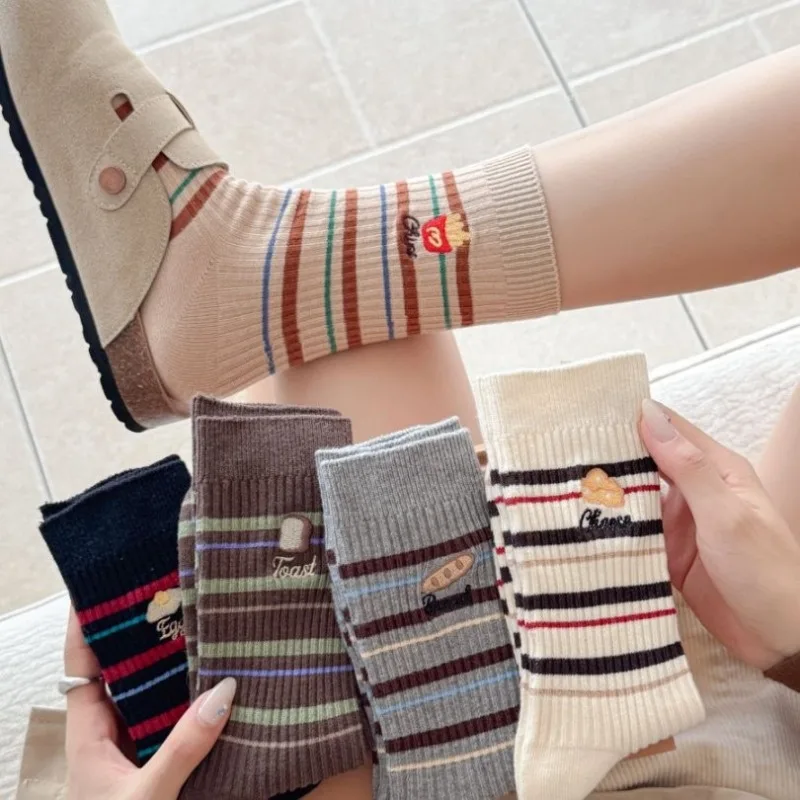 

5 Pairs Spring Autumn and Winter Cozy Women's Mid-calf Socks Striped Embroidered Casual Kawaii cotton Socks Fashion Cute Socks