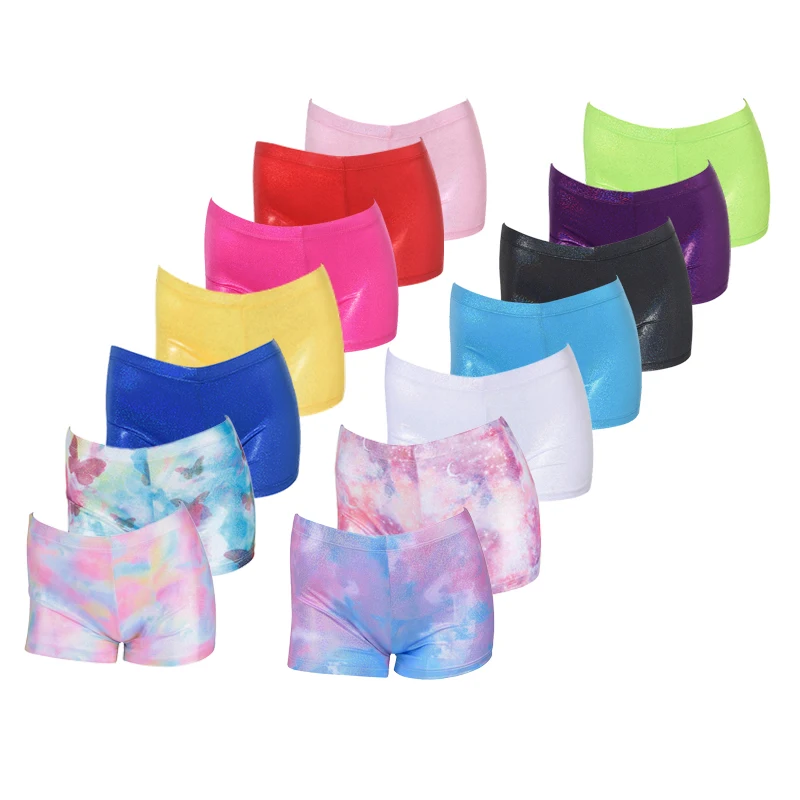 

4pcs Girls Gymnastic Short Shiny Metallic Spandex Shorts for Ballet Dance Athletic Tumbling Solid Color Sports Shorts
