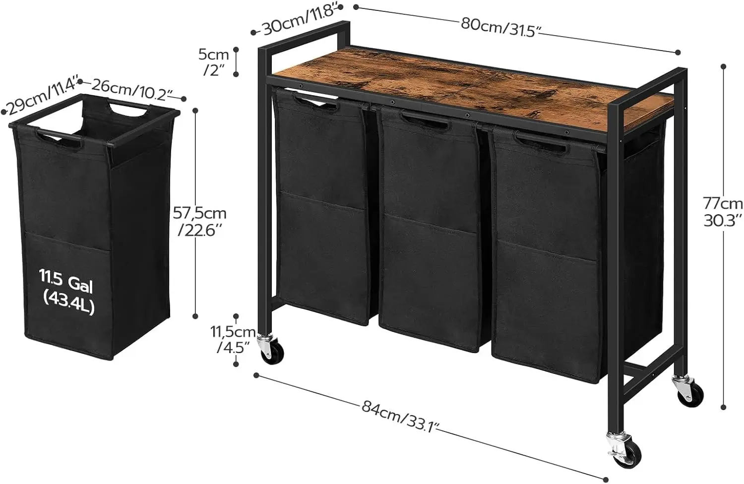 Wäschekorb mit Rollen, 3 × 11,5 Gal (43,5 l), rollender Wäschekorb, ausziehbare und herausnehmbare Wäschesäcke aus Oxford-Stoff