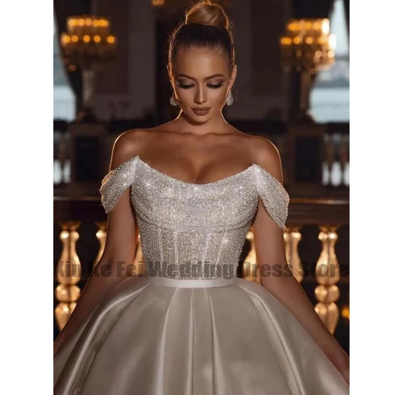 Vestidos de casamento boêmios brilhantes para mulheres, vestidos de noiva de tule, fora do ombro, cetim, sexy, princesa, 2024