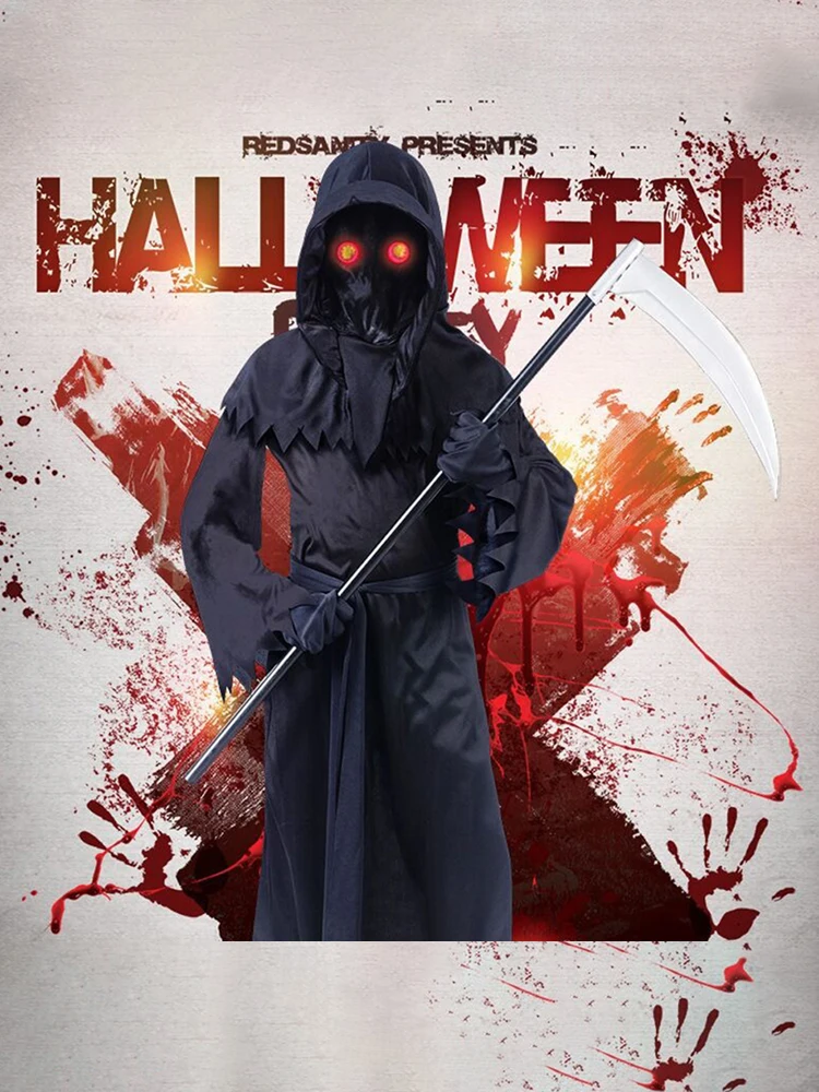 

Halloween Outfit Horror Role Play Red Eye Grim Reaper Costume Scythe Devil Darkseid Ghost Cosplay Suit Hooded Party Dress Gloves