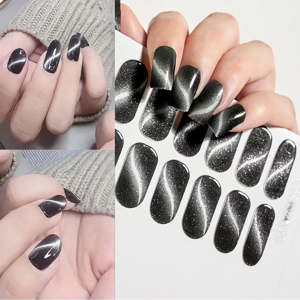 Black Cat Eyes Semi Cured Gel Nail Stickers Pure Color Fine Flash Full Cover Nail Slider UV/LED Baking Lamp Gel Sticker 16Tips