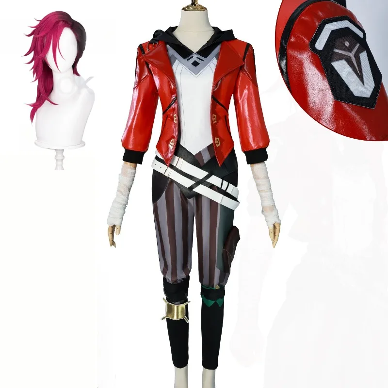 

Vi Cosplay Costume Wig Game Outfit Vi Uniform Red Wig Suit Halloween Carnival Role Play Props Woman Men