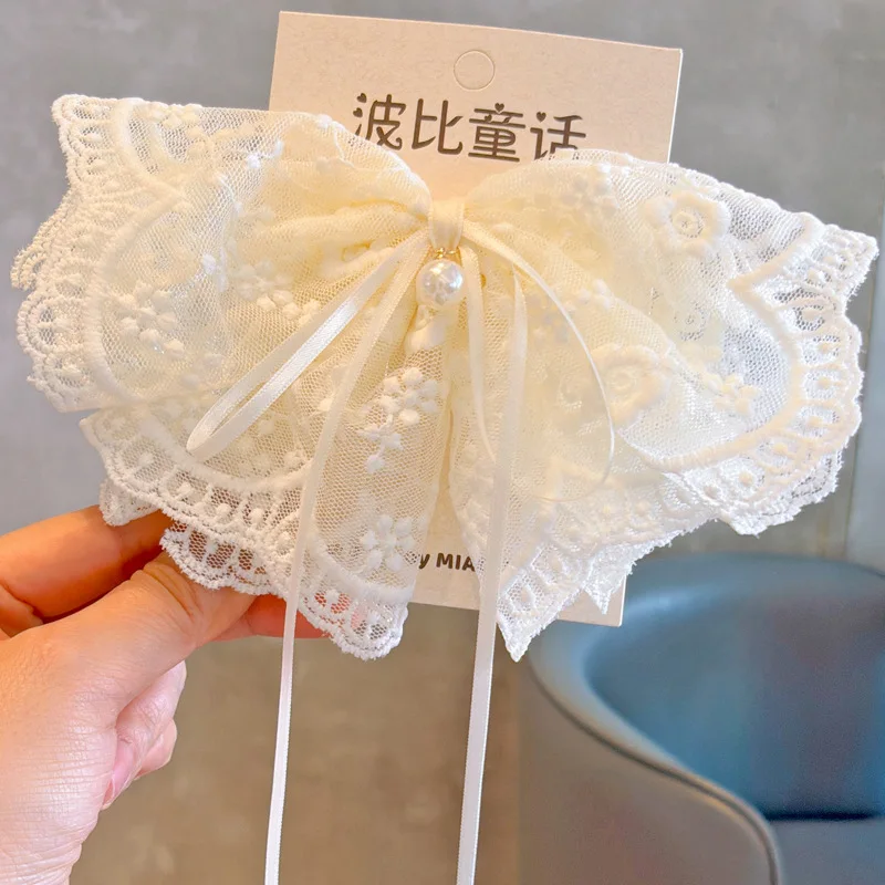 

Spring Beige Fairy Big Bow Veil Headband for Girls Flowing Ribbon Headwear Princess Dress Hair Clip Cute Toddler Daily Accessory