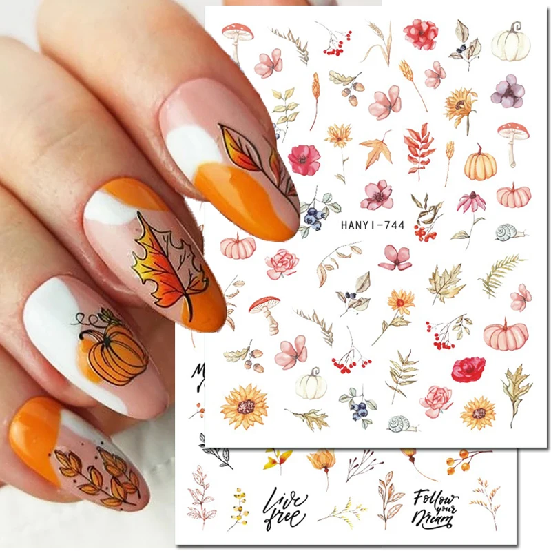 

3d Nail Art Stickers Autumn Dry Flowers Leaves Halloween Pumpkin Red Fruits Decals For Nails Decorations Manicure Accessories