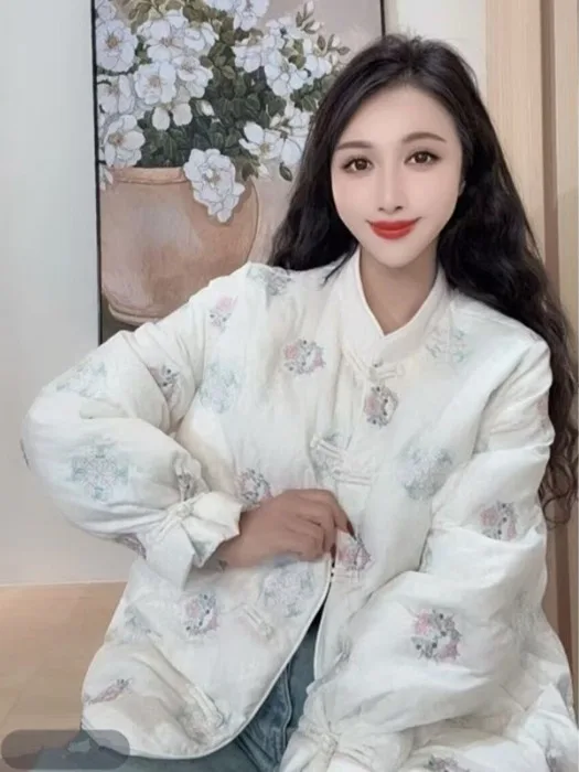 

Women's Embroidered down Cotton Jaet Stand Collar Button Warmth Autumn Winter Faion Commute Loose Fit Long Sve Coat