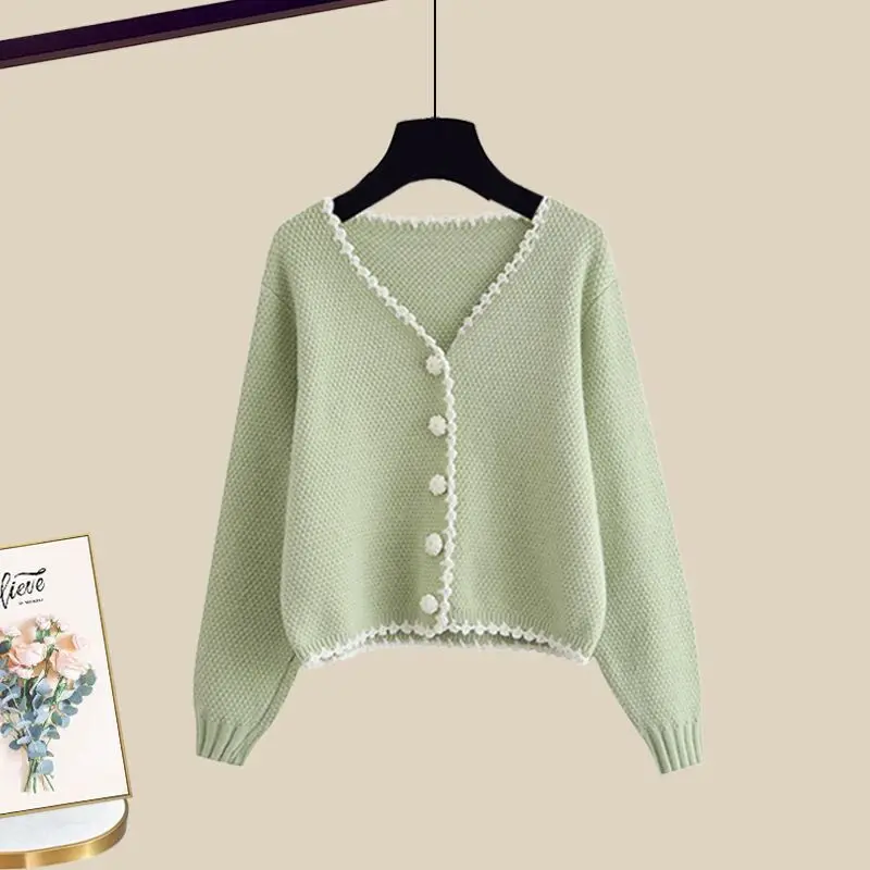 Spring Autumn New Women\'s Clothing Suit Tea Style Fashion Elegant Green Cardigan Sweater High Waist Half Skirt Two Piece Set