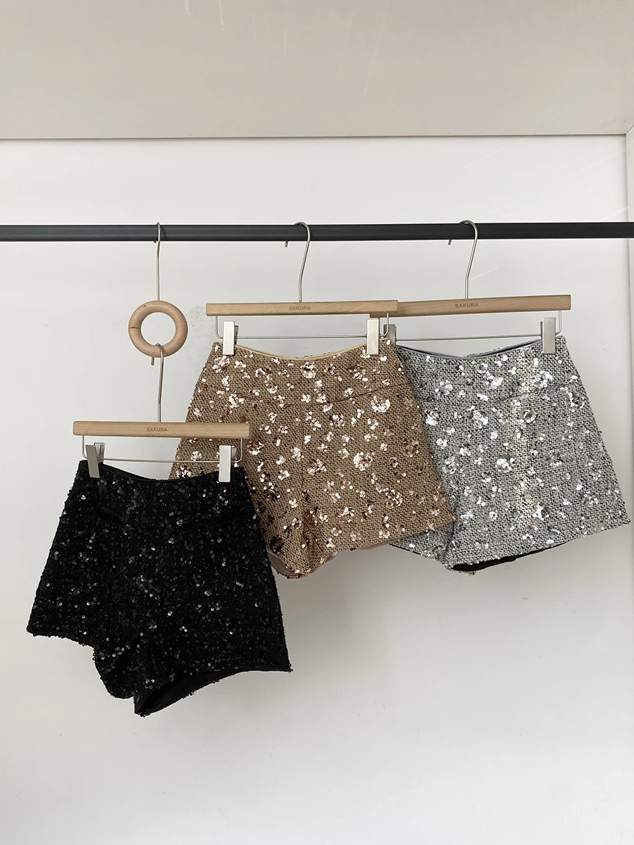 Women's Autumn Winter Streetwear Sequined High Waist Wide Leg Shorts Lady High Waist Bling Bling Short Pants