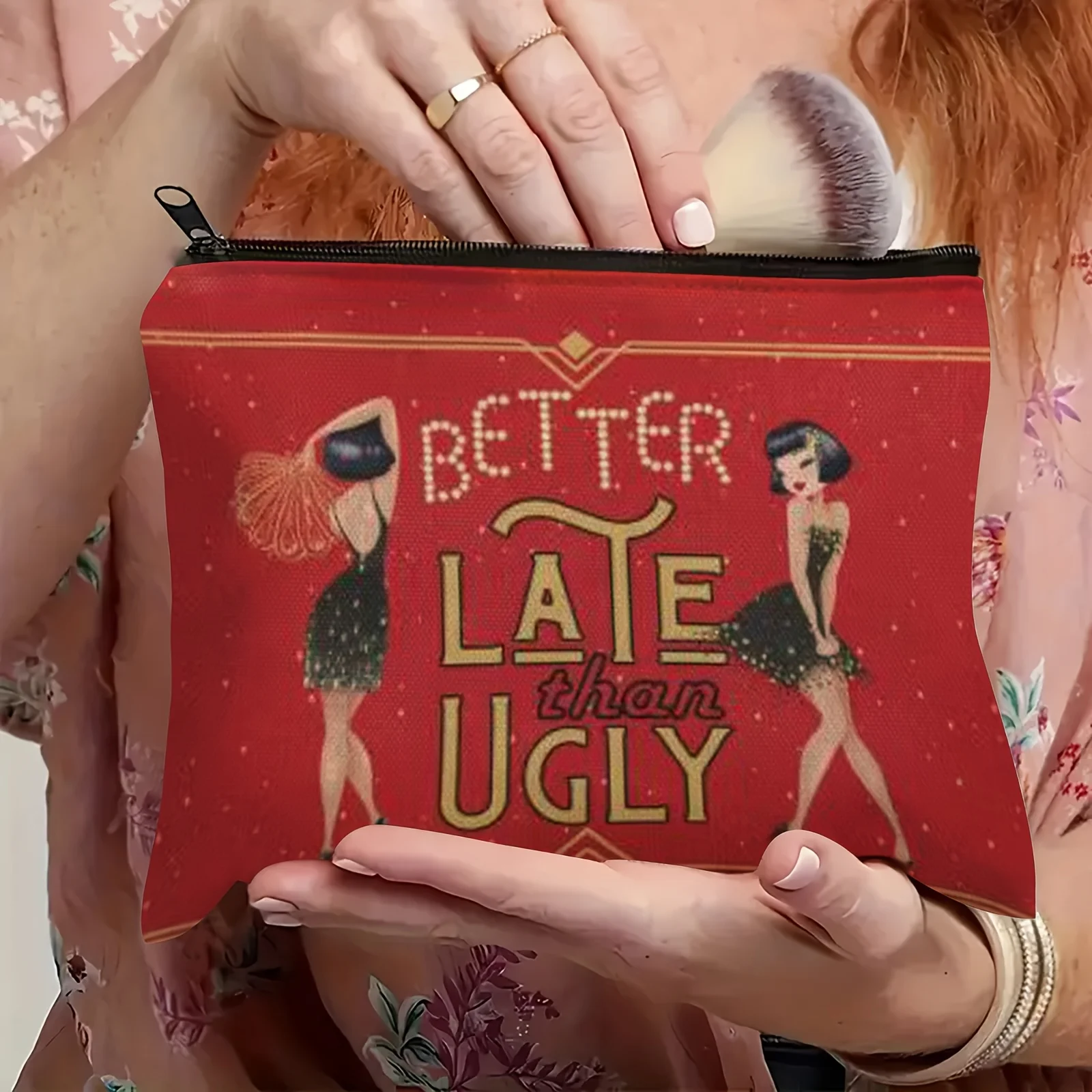 حقيبة مكياج أفضل أواخر من Ugly" - أحمر مع لمعان ذهبي، سحاب للإغلاق، هدية عيد مثالية لصديقتك والزوجة