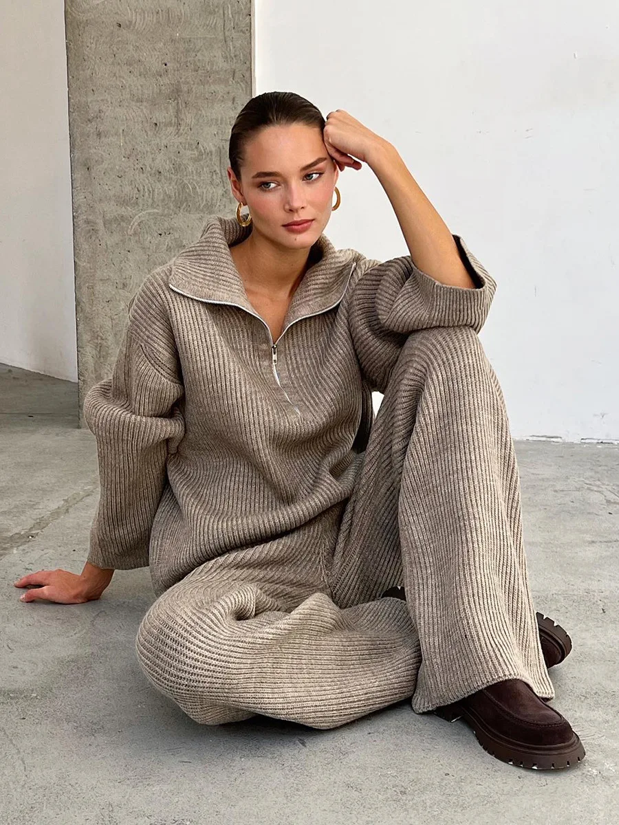 Bornladies Damen-Set mit Kragen, halbem Reißverschluss, Strickpullover und weiter Hose, gerippter Strick, Oversize, Herbst-Winter-Mode-Pullover-Set – Detail 15