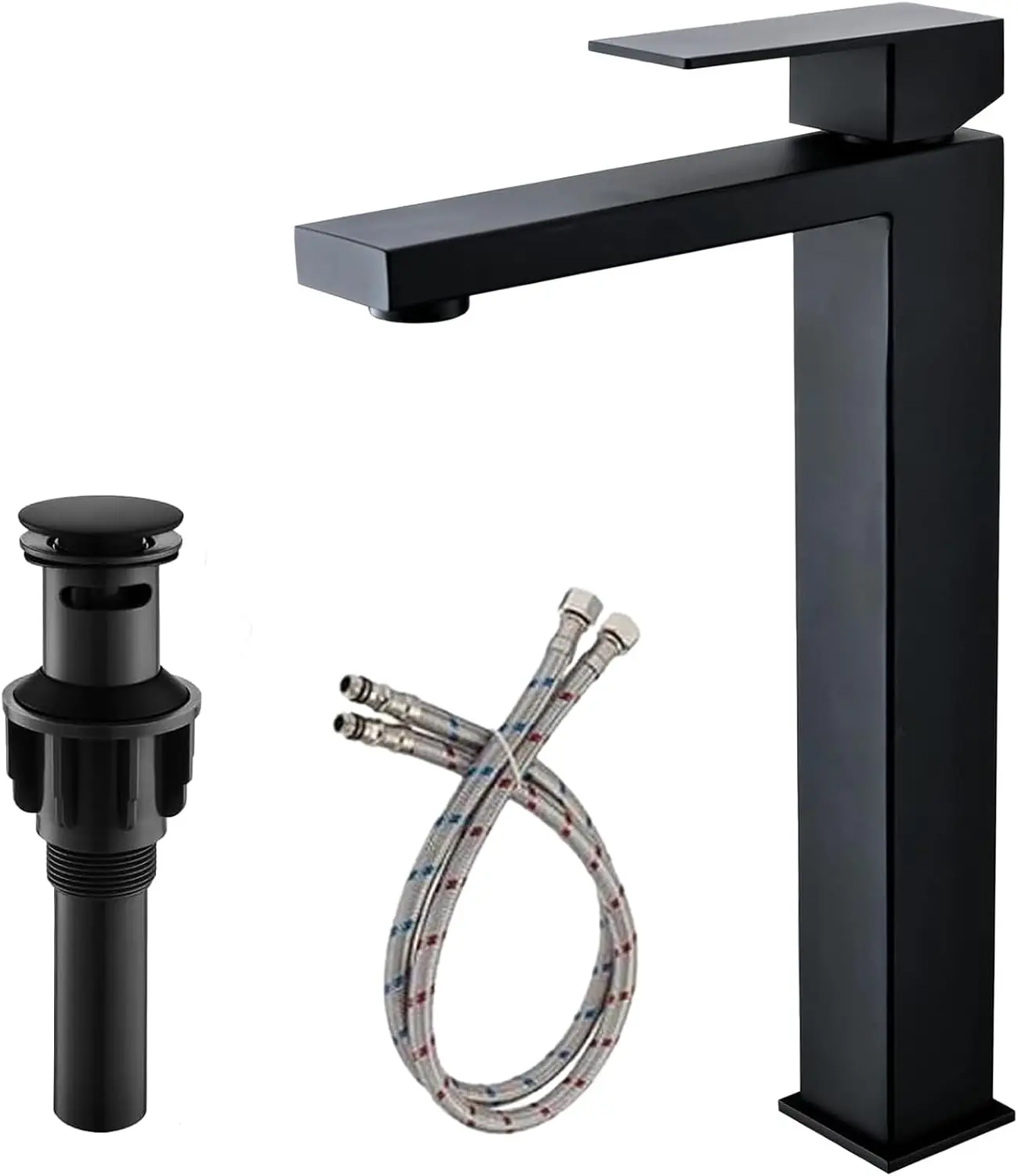 

Современный матовый черный смеситель для раковины со сливными и водяными шлангами, высокий смеситель для ванной комнаты с одной ручкой
