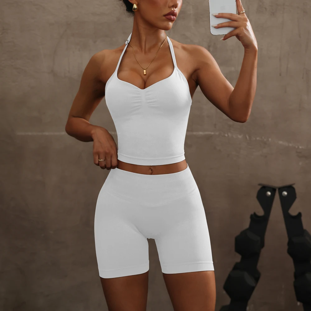

Seamless Yoga Set Women 2 Piece Padded Halter Tank Top Scrunch Butt Lifting Gym Shorts Set Summer Sportswear Workout Clothes