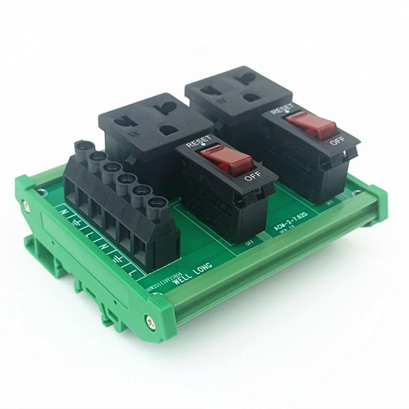 DIN Rail Mount AC 125V TWO Receptacle Outlet Power Module, with Rocker Switch Thermal Circuit Breaker Overload Protector