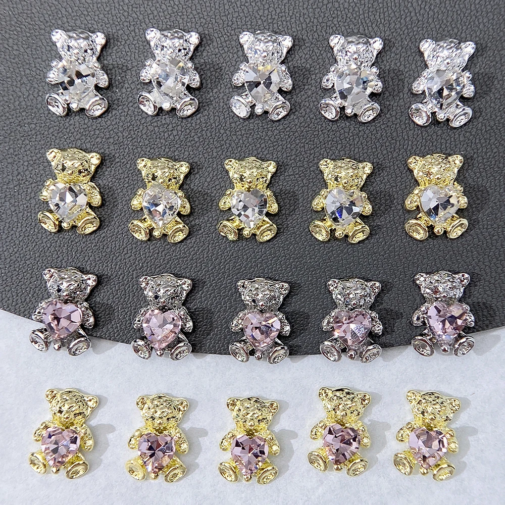 10 pz 3D Lega Rosa Cuore Orso Strass Per Unghie Zircone Lucido Orso In Metallo Abbraccio Amore Pendenti E Ciondoli Per Unghie Lusso Orso Sveglio Gioielli per Manicure