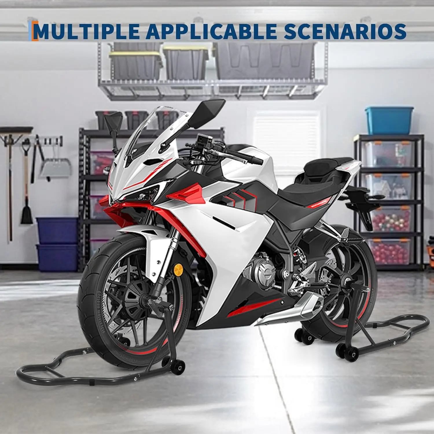 Garvee Heavy Duty Motorcycle Stand Set Front Rear, 900 Lb Capacity, Paddok Stand Combo with Adjustable U+L Swingarm Spool for Garage Repair Maintenance