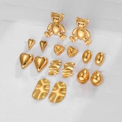18K Gold-plated Stainless Steel Heart Bear Stud Ear Women 2024 Fashion Trendy Charm Hypoallergenic Waterproof Jewelry Girl Gifts