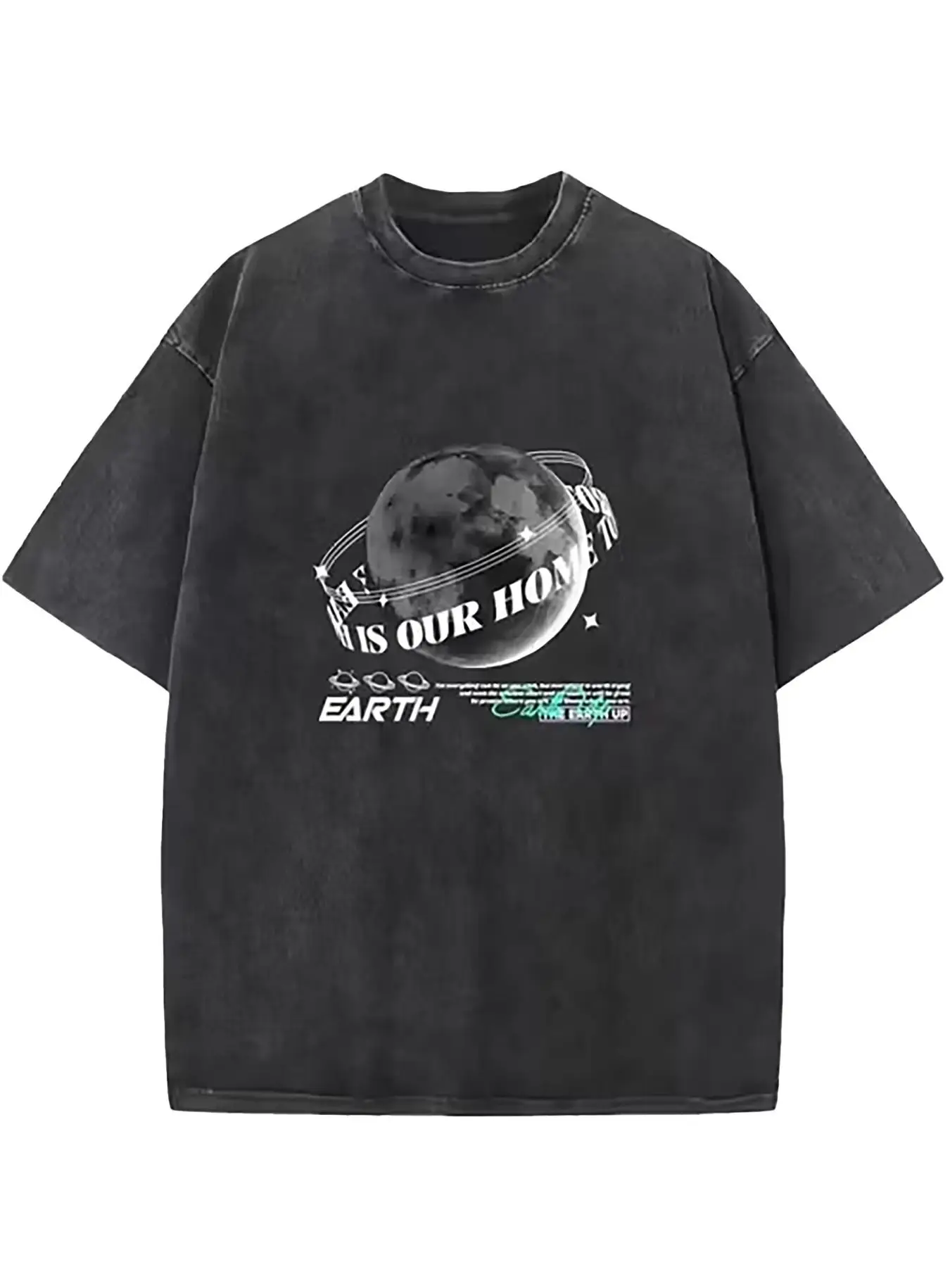 Men's Loose Black T-Shirt with Earth-Themed Space Pattern, Acid-Washed Round Neck Short Sleeves, Casual Trendy Street Style, Soft and Breathable Summer Fashion Top, Perfect Gift for Him