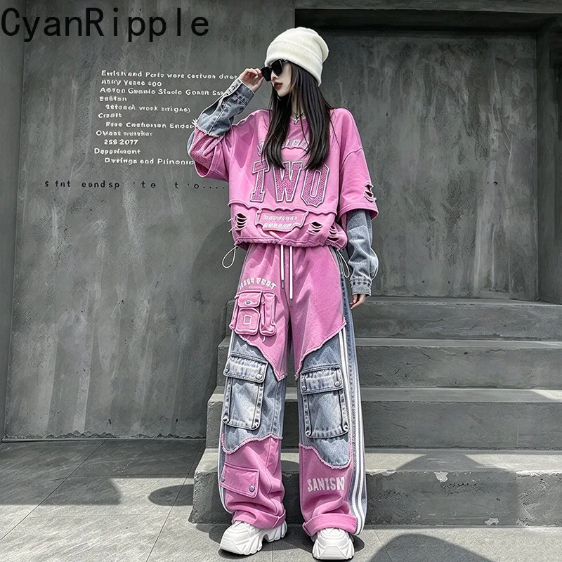 American High Street Women Hoodie Set Hole Faux Two-piece Denim Splicing Loose Pullover Top+Elastic Waist Wide Leg Casual Pants