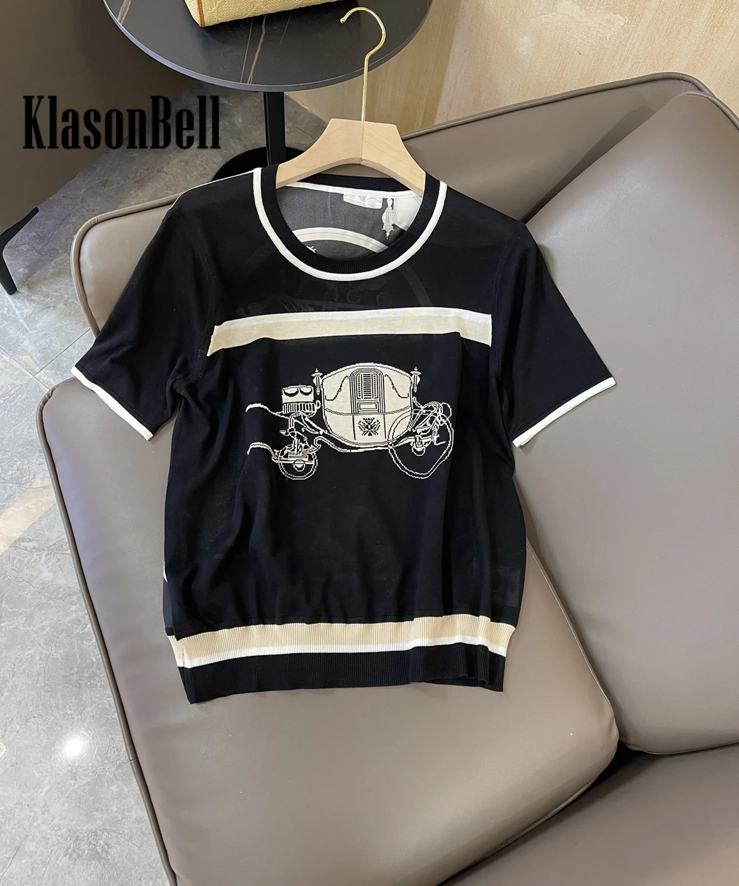 3.16 KlasonBell Casual Fashion Horse Animal Print Patchwork Knit Cotton O-Neck Short Sleeve Tee Women Clothes