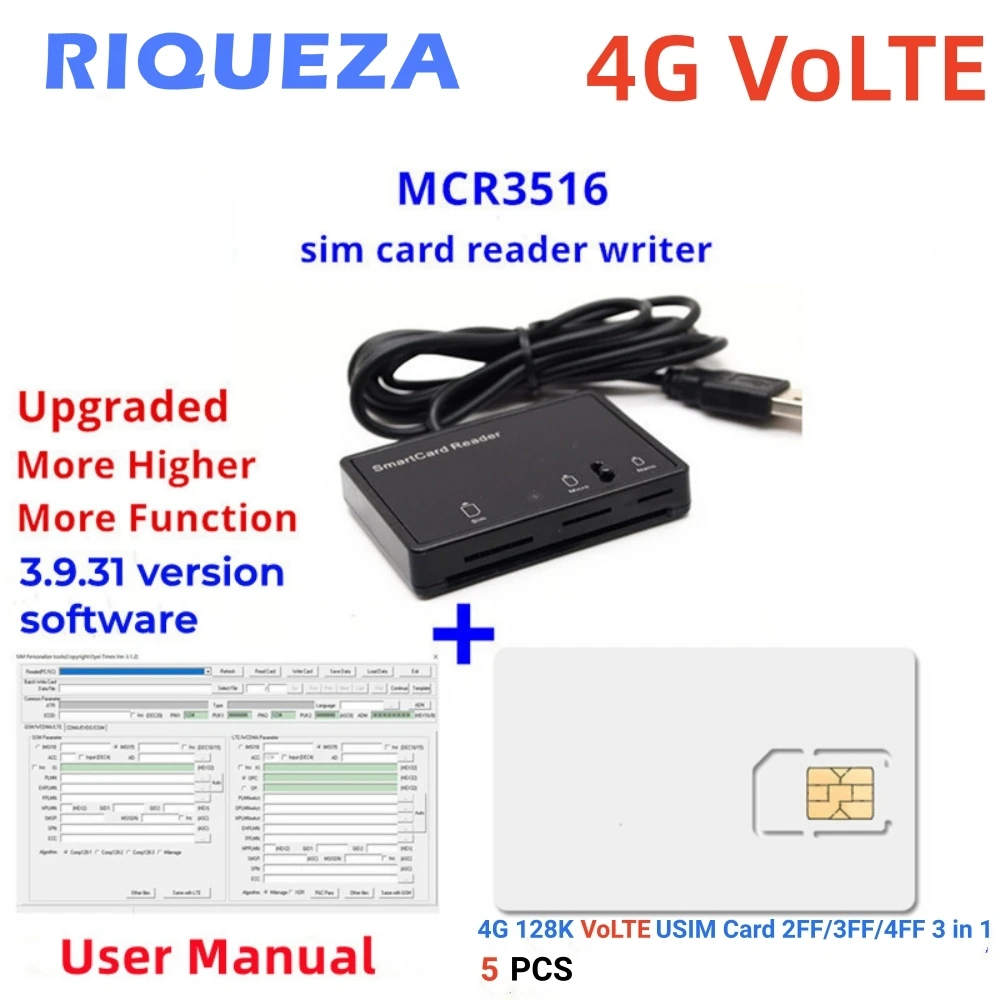 

Устройство для чтения SIM-карт OYEITIMES + 5 шт., 2FF/3FF/4FF, программируемая SIM-карта VoLTE WCDMA GSM USIM 4G + инструменты для персонализации SIM-карты