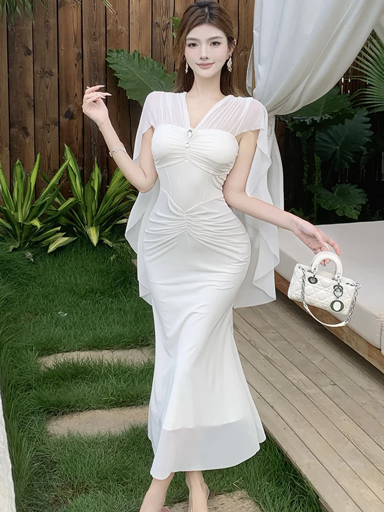 Été blanc maille plissée moulante à volants longue robe femmes col en v pure robe Sexy 2025 coréen Vintage luxe fête robe de nuit