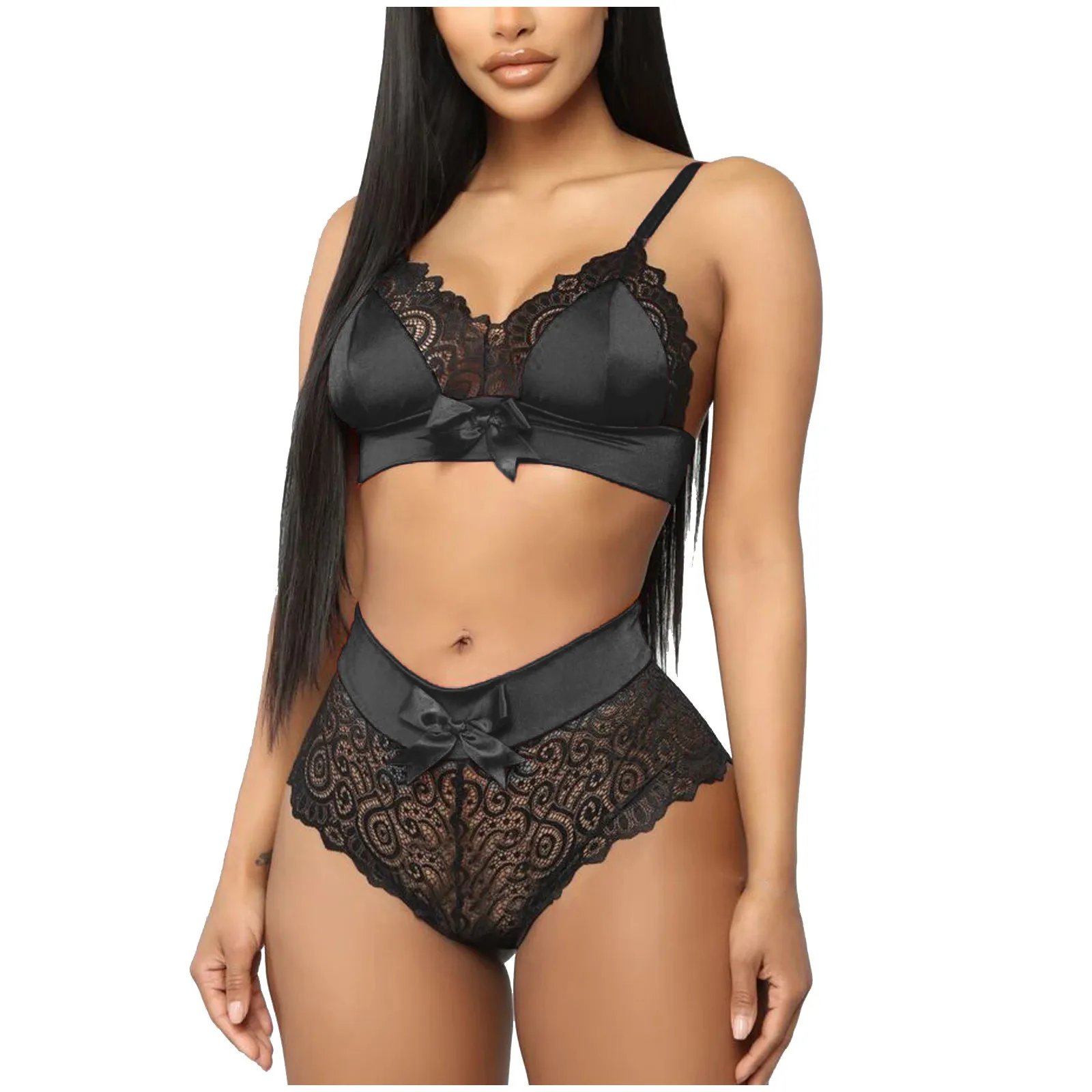 

Underwear Two Piece Outfit For Women Lace Patchwork Suspenders Sexy Ladies Bra Sets High Waist Hollow Out Lingerie Suits