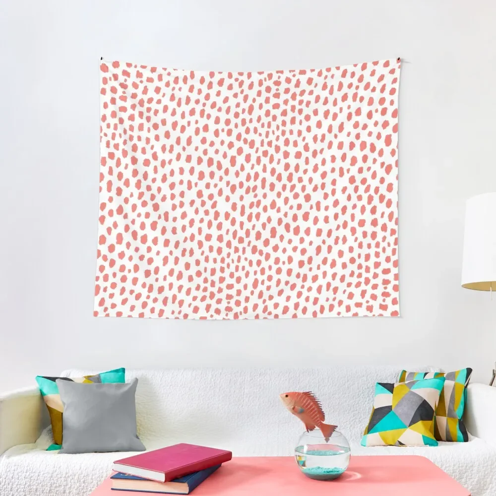 Handmade Polka Dot Paint Brush Pattern (Pantone Living Coral and White) Tapestry Art Mural Tapestry