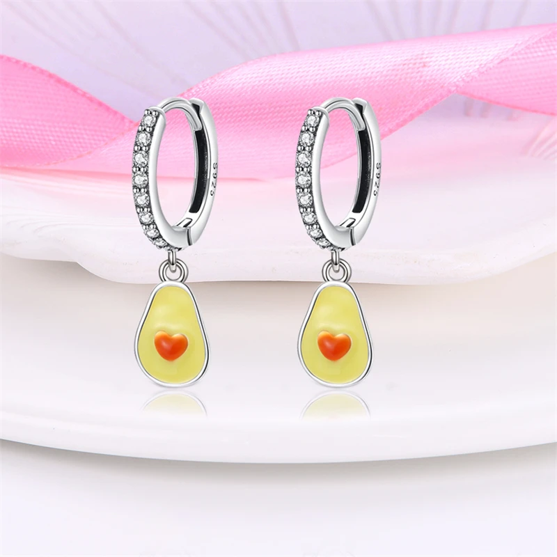 925 Sterling Silver Fruit Avocado Sweetheart Zircon Hoop Earrings for Women Fashion Earrings Jewelry Gifts for Women Girls