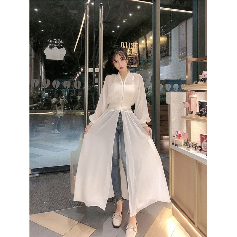 White Long Sun Proof Shirts Women Harajuku Black Sheer Chiffon Blouses Korean Elegant Robe Summer Long Sleeve Thin Jackets Tops