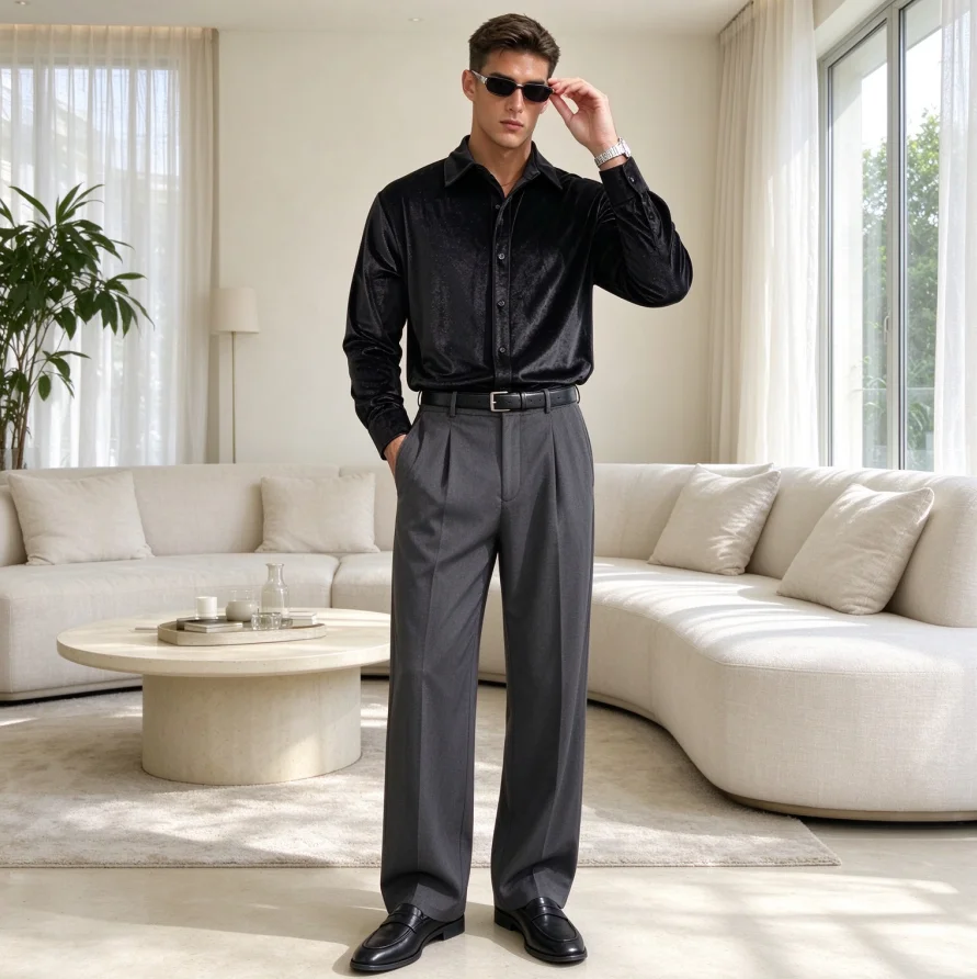 Men Shirt Vintage Solid Turn Down Collar Work bussiness Long Sleeve Tops Streetwear Splice Shirts Slim Fit Evening Party Night