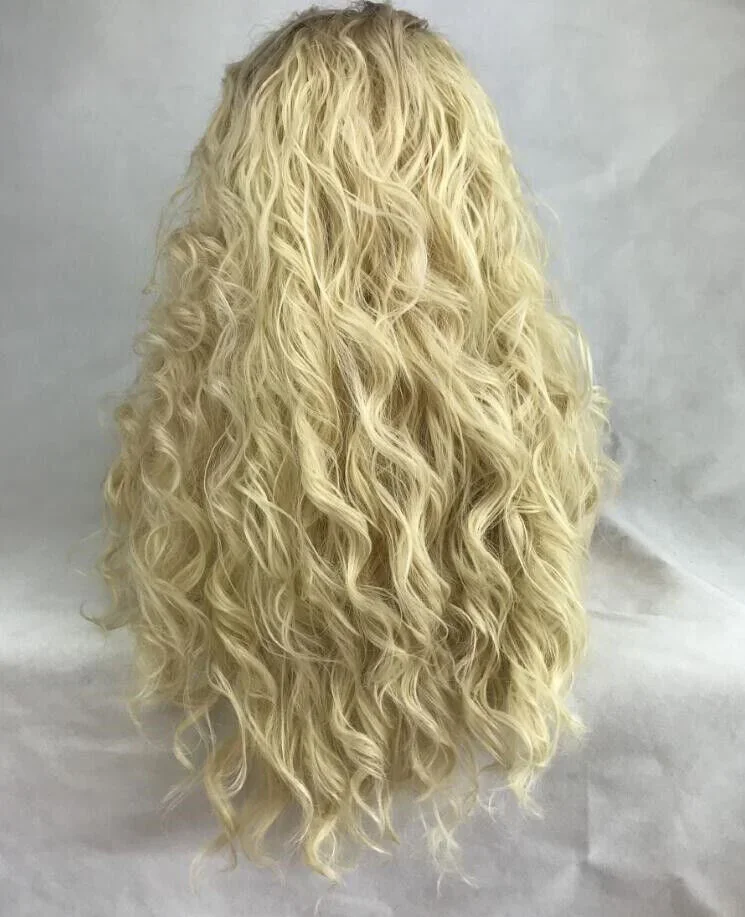 Peluca de cabello humano largo y rizado, postizo sintético con malla frontal, raíces oscuras, Rubio, calor, Ok