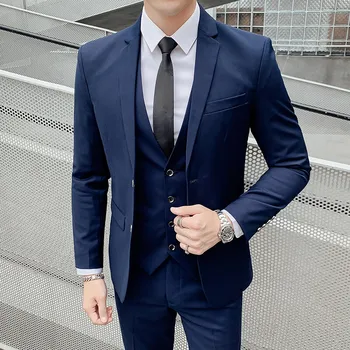Solid Color Suit Men's Fashionable Gentleman Business Banquet Korean-style Formal Dress Casual Wedding (Blazer+Vest+Trousers) 3