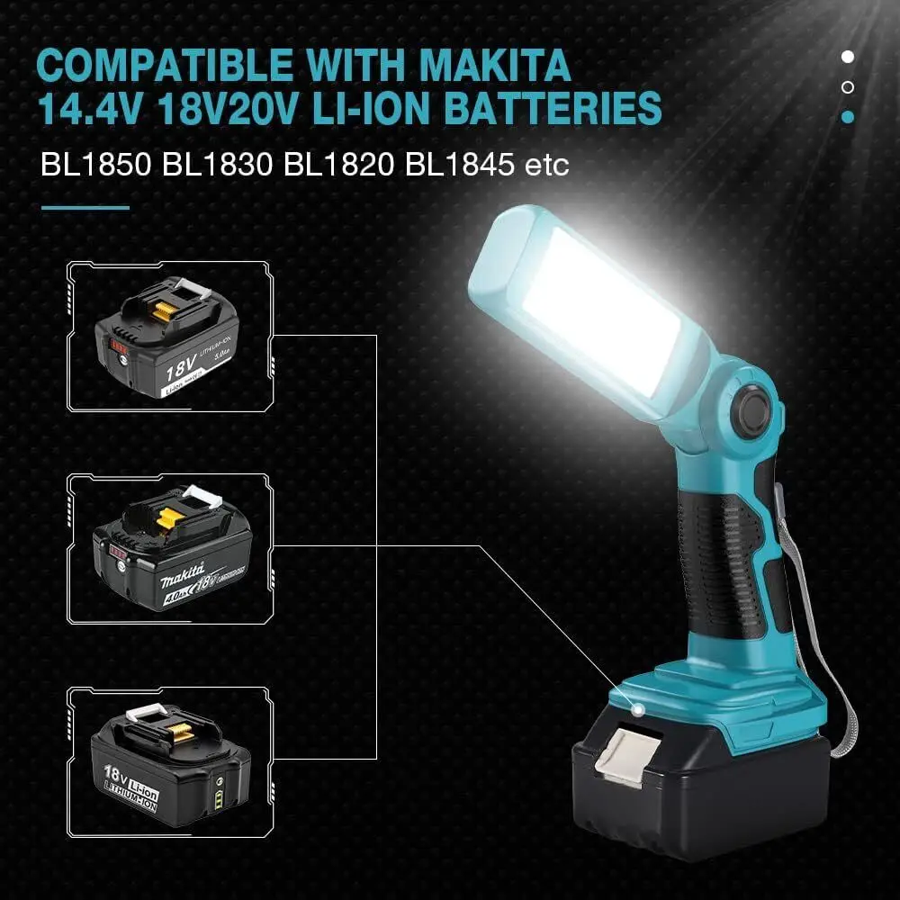 12W 1000LM LED Work Light Flashlight for Makita 18V Li-ion Battery BL1850 BL1830 Handheld Spotlight Desk Lamp with USB 5V 2.1A