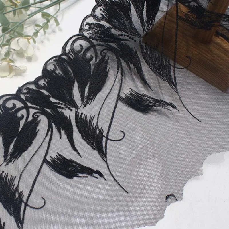

30Yards Black Lace Fashion 22cm Width Embroidered Flower Mesh Lace Trim Encajes Bordados for Women Lingerie Abaya Clothing