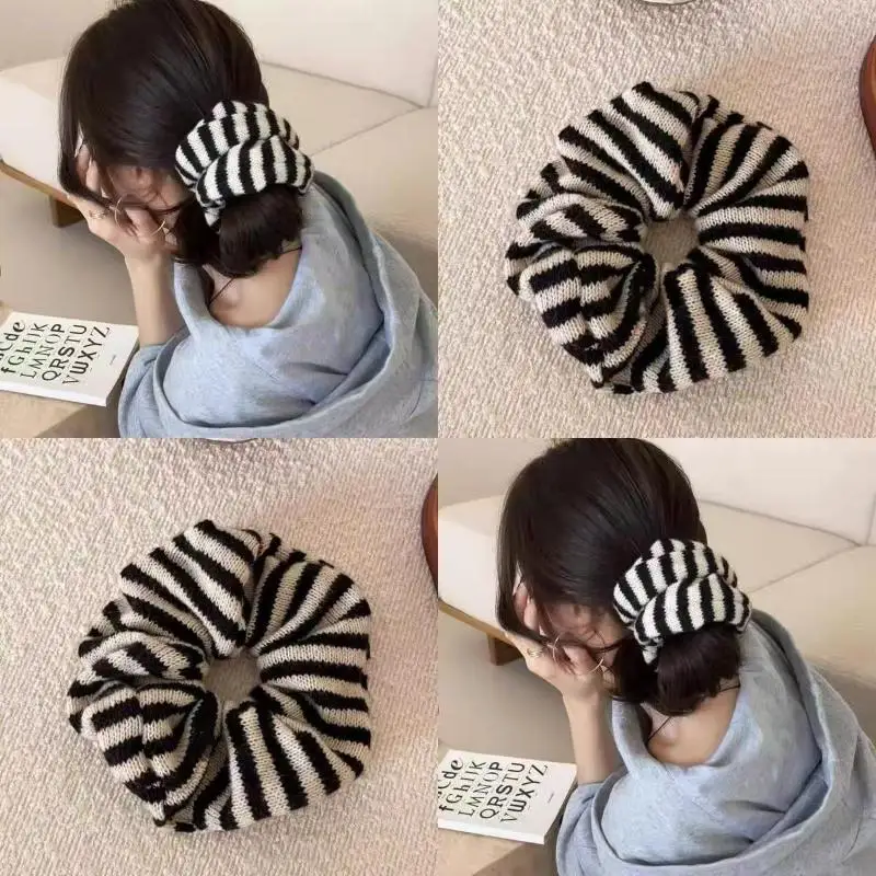 Black White Color Block Stripe Thickened Hair Ties Autumn Winter Simple Soft Knitted Wool Hair Bands
