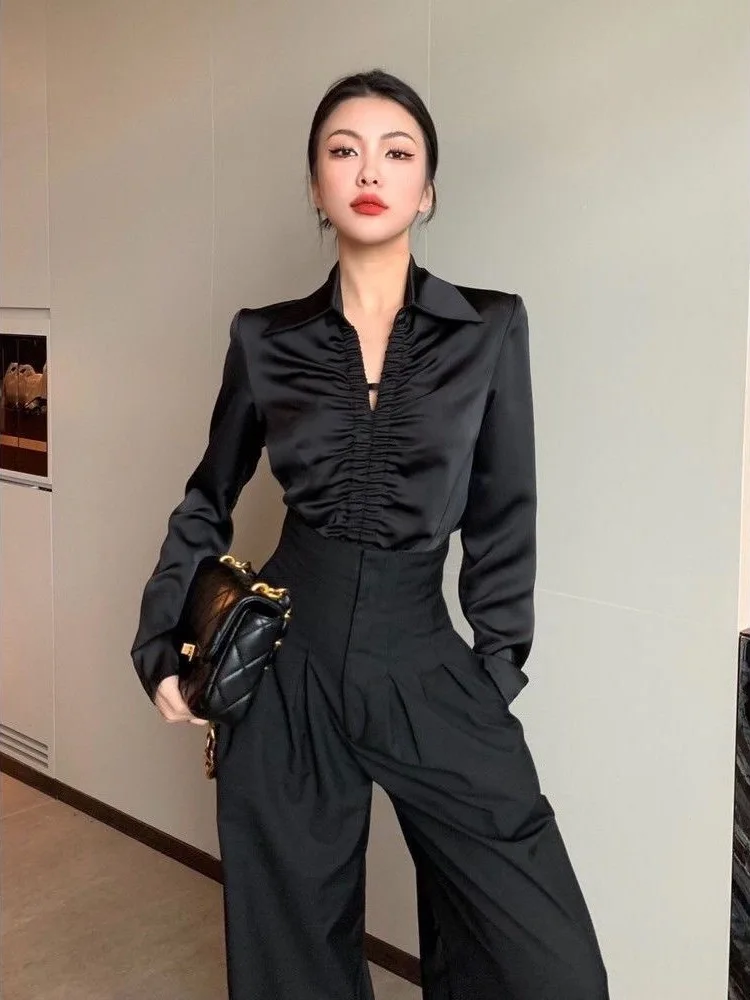 

Elegant Collar Shirt Women's Fashion Spring Autumn Design Pleated Waist-Cinching Top Korean Style Commute Wind Long Sleeve