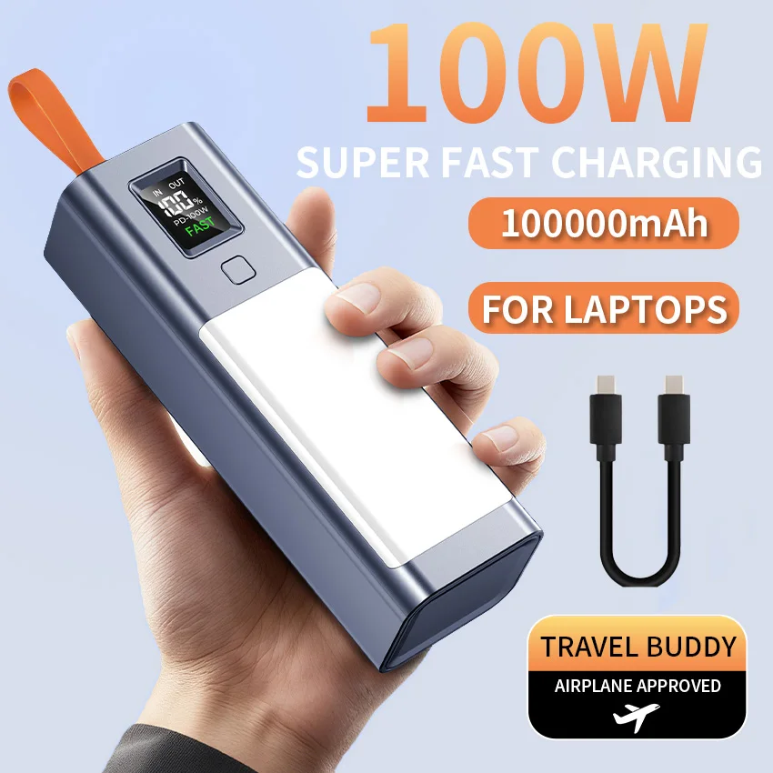 

Real 100W Power Bank 100000mAh Fast Charging Large Capacity External Battery with Headlamp for Macbook Pro Lenovo Laptop